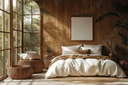 Minimalist Nature-Inspired Bedroom Bathed in Warm Sunlight