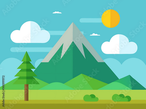 Flat and Minimal summer landscape background with mountain, tree, design 