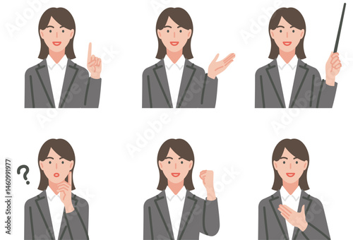 スーツ姿の女性が指示棒を持っているイラストセット