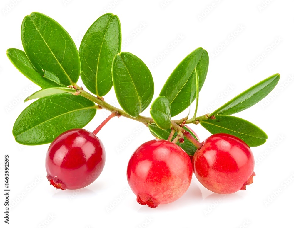 Ripe Red Lingonberries on Branch with Green Leaves Ripe Red Lingonberries on Branch with Green Leaves
