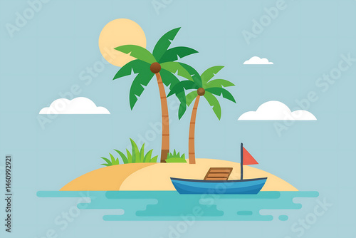 Flat and Minimal tropical island with palm trees, boat, landscape background