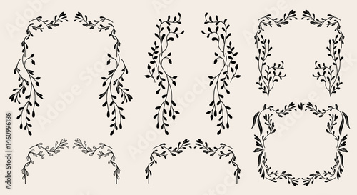 Art nouveau flower frame. Flower and leaf border, branch, wreath, garland decoration. Botanical vector illustration. Vintage antique classic floral graphic element.	