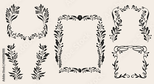 Art nouveau flower frame. Flower and leaf border, branch, wreath, garland decoration. Botanical vector illustration. Vintage antique classic floral graphic element.	