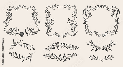 Art nouveau flower frame. Flower and leaf border, branch, wreath, garland decoration. Botanical vector illustration. Vintage antique classic floral graphic element.	