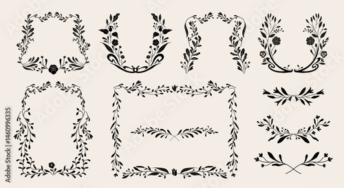 Art nouveau flower frame. Flower and leaf border, branch, wreath, garland decoration. Botanical vector illustration. Vintage antique classic floral graphic element.	