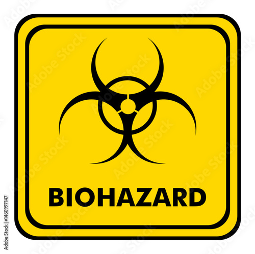 biohazard warning sign on a yellow triangular board. biological sign with text.