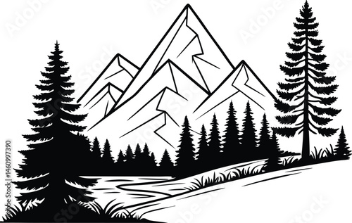 Mountain Landscape with Pine Forest Silhouettes - Minimalist Black and White Vector Nature Scene