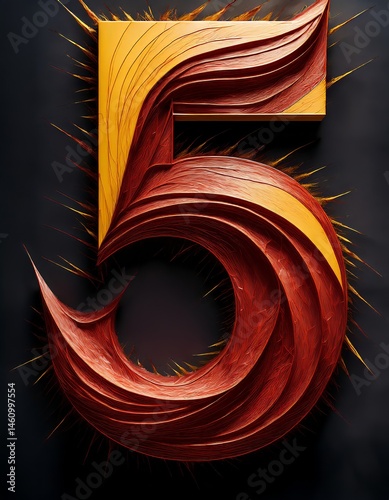 Intricate 3D representation of the number five with vivid colors and textures in artistic design