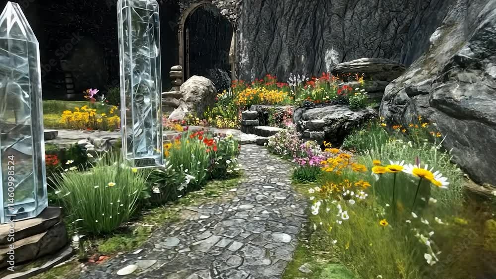 Crystal garden path in a rocky canyon