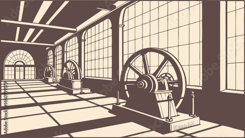 Vintage Factory Interior Illustration Old Engine Room with Large Machinery Flywheels Windows and Sunlight Shadows