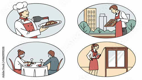 Restaurant Staff and Diners Flat Line Art Illustration Chef Waiter Manager People Eating Hospitality Service