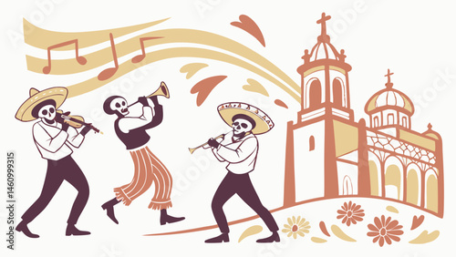 Flat Illustration of Festive Mexican Day of the Dead Skeleton Musicians Playing Violin Trumpet Clarinet Music by Church