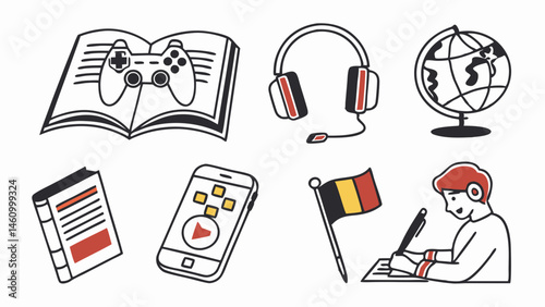 Hand-drawn education and learning doodle icons sketch featuring books gaming headphones globe phone and a student with Belgian flag