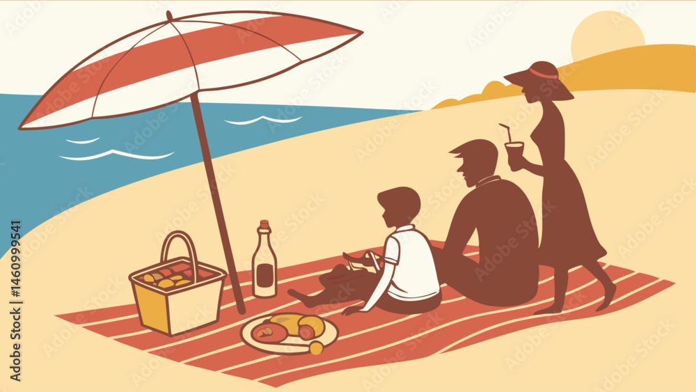 Fototapeta premium Illustrated Family Enjoying Summer Beach Picnic with Umbrella Basket and Ocean View in Retro Style
