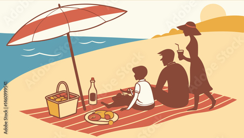 Illustrated Family Enjoying Summer Beach Picnic with Umbrella Basket and Ocean View in Retro Style