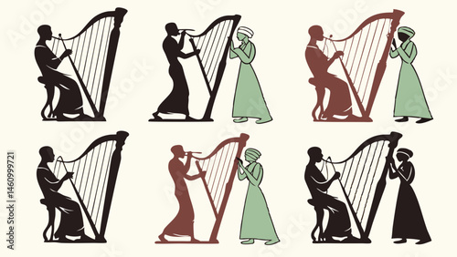 Vintage Silhouette Illustrations of Harp Players and Duets Flat Color Set