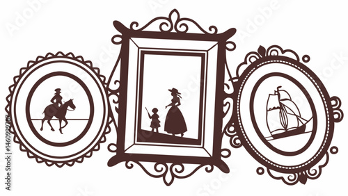 Vintage Silhouette Art Three Framed Scenes Horse Rider Woman Child Sailing Ship Classic Illustration Decorative Frames