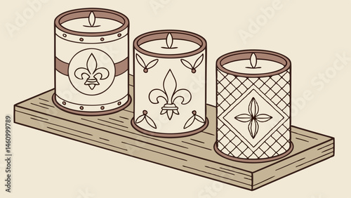 Three Elegant Decorative Candles Featuring Fleur de Lis and Classic Patterns Displayed on a Wooden Shelf Home Decor Illustration