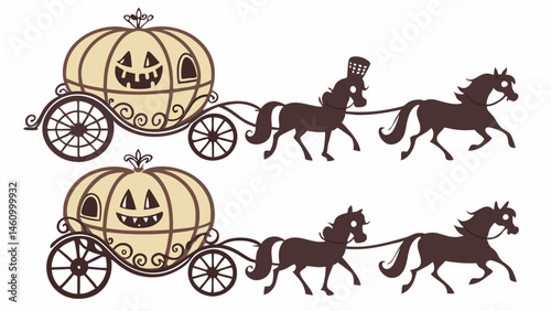 Cute Cartoon Pumpkin Carriage Illustration with Two Horses for Halloween or Fairy Tale