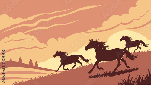 Dynamic Silhouette Three Horses Galloping Uphill Sunset Art