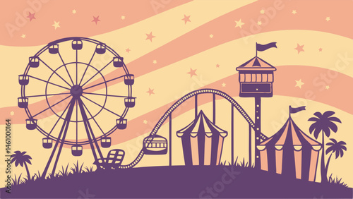 Amusement Park Fairground Silhouette Illustration featuring Ferris Wheel Roller Coaster and Circus Tents under a Starry Sunset Sky