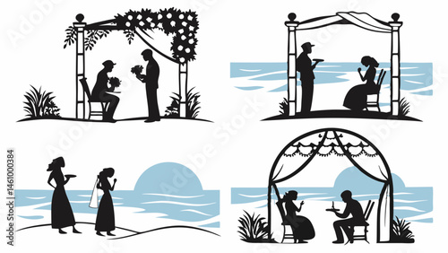 Beach Wedding Silhouette Illustrations Featuring Romantic Couples Under Arches Outdoor Scenes