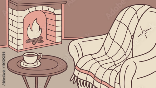 Illustrated Cozy Room Warm Fireplace Comfortable Armchair with Blanket Coffee Relaxing Home Interior Scene Drawing