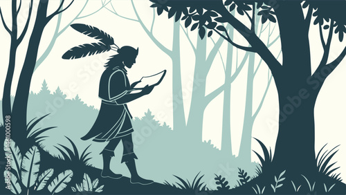 Stylized Silhouette Illustration of a Person with Feathers Reading a Book in a Natural Forest Setting