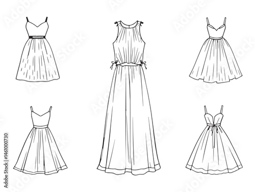 Elegant dusk loom dress fashion sketch vector line art illustration
