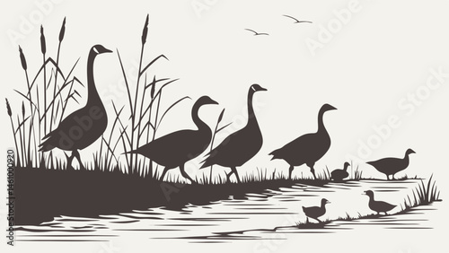 Geese and Goslings Silhouette by Pond with Reeds Vector Wildlife Nature Scene Illustration