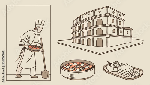 Vintage Sepia Line Art Illustration Italian Chef Cooking Classic Italian Food Lasagna Eggplant Parmesan Roman Building