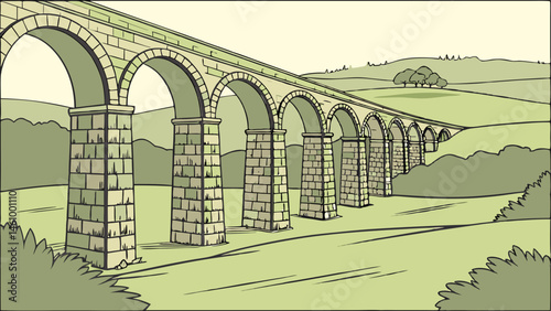 Classic Illustration of a Stone Viaduct with Many Arches in a Rural Green Landscape