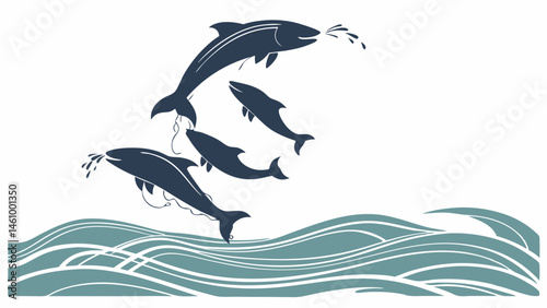 Blue and white stylized illustration four fish jumping from ocean waves hunting small fish