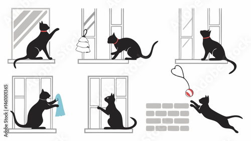 Set of vector illustrations showing a black cat doing various daily activities by a window