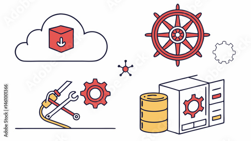Flat Line Art Depicting Cloud Deployment DevOps Tools Data Storage and Server Infrastructure