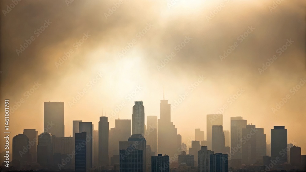 Fototapeta premium Skyline silhouette of a city in dense fog or smog with golden light