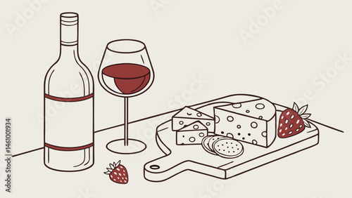 Simple Line Illustration of Red Wine Bottle Glass and Cheese Board with Crackers Strawberries Wine and Cheese Pairing