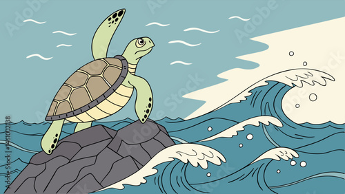 Cute Hand-Drawn Cartoon Sea Turtle on Coastal Rock with Crashing Blue Ocean Waves Illustration