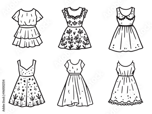 Hand drawn dusk loom dress fashion design in line art