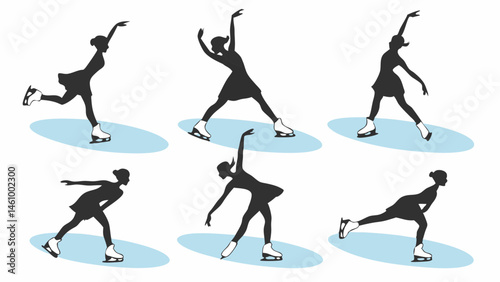 Set of Six Dynamic Figure Skater Silhouettes Vector Illustration Showing Various Ice Skating Poses