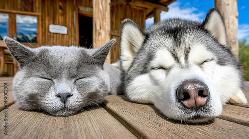 and dog lying together peacefully on a sunny porch