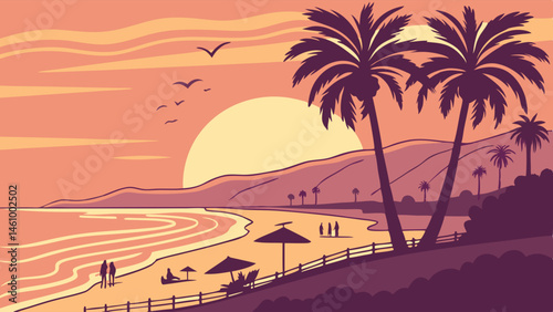 Tropical Beach Sunset Flat Vector Illustration with Palm Trees Ocean Waves and People