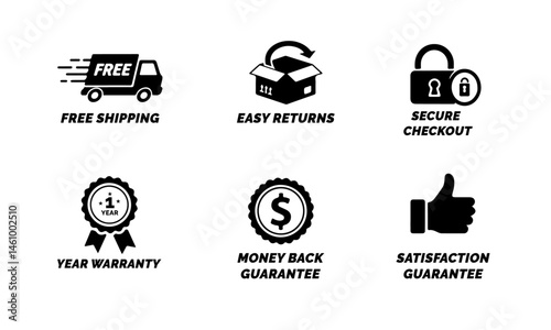 Black E-commerce Trust Badges Set. e-commerce trust badges: free shipping, easy returns, secure checkout, 1-year warranty, money-back guarantee, satisfaction guarantee