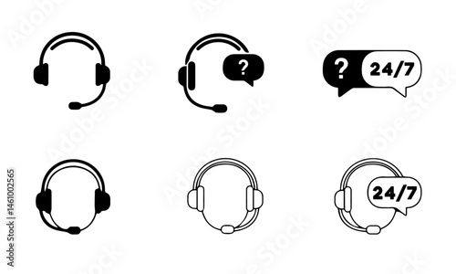 Black Customer Support Icons Set. Headsets with question mark or "24/7" speech bubbles