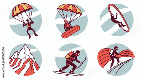 Extreme Sports Flat Illustration Icon Set Paragliding Snowboarding Skiing Kitesurfing Mountains Adventure