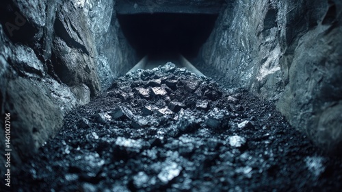 Coal dropping from a height onto a secondary conveyor belt deep inside the mining chamber