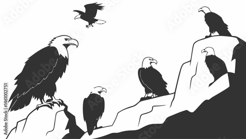 Majestic Bald Eagles in Black and White Mountain Illustration Perched on Rocks and Flying