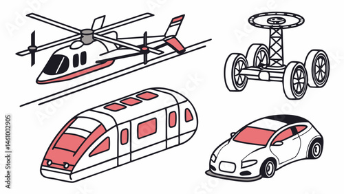 Highly stylized line art illustrations featuring modern and futuristic transportation including a helicopter train car and wheeled vehicle with red details