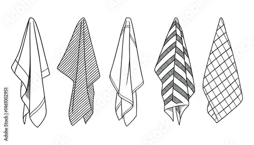 Hanging kitchen towels in outline drawing style set of five
