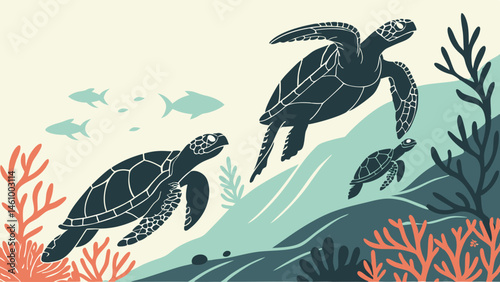 Stylized Underwater Illustration of Three Sea Turtles and Coral Reef